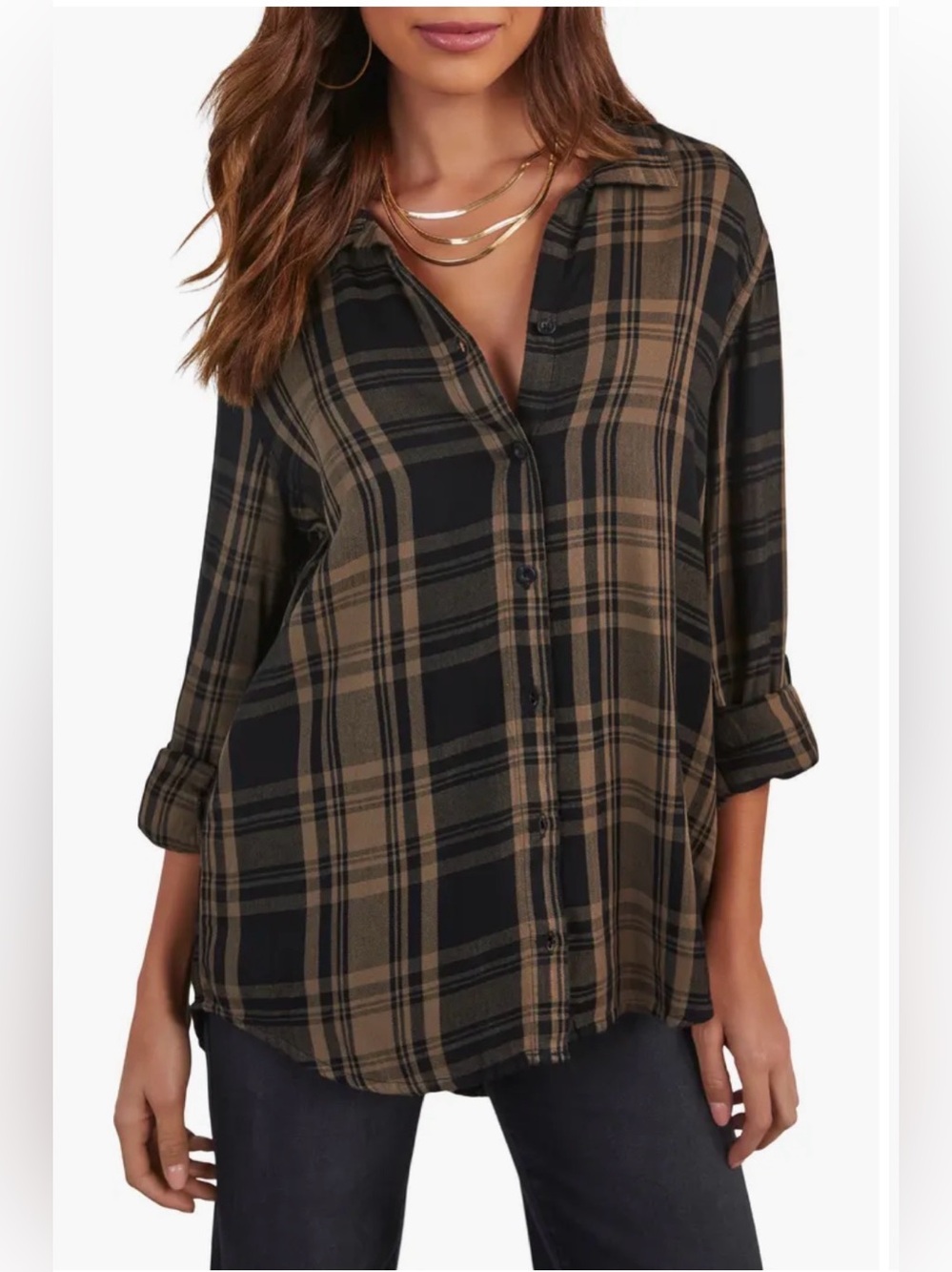 VICI Seattle Plaid Herringbone Oversize Button-Up Shirt Size M Rayon New